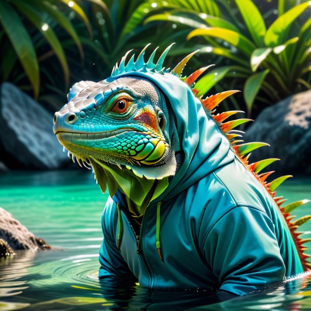 Foto de una iguana en una sudadera con capucha en el agua