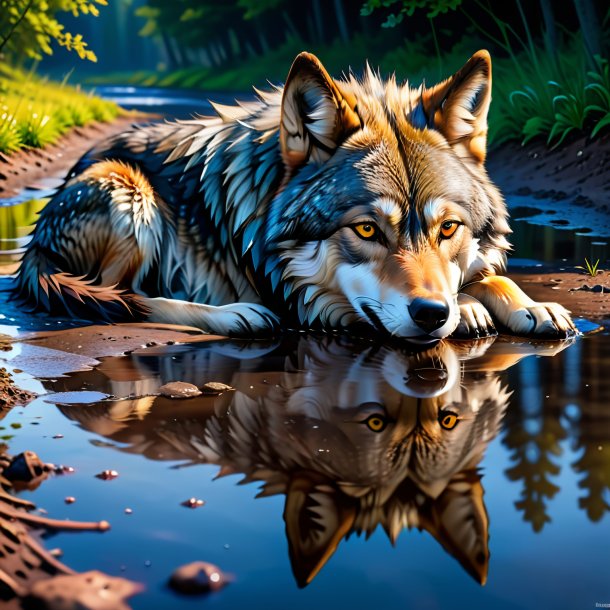 Image of a sleeping of a wolf in the puddle