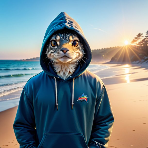 Foto de un lucio en una sudadera con capucha en la playa