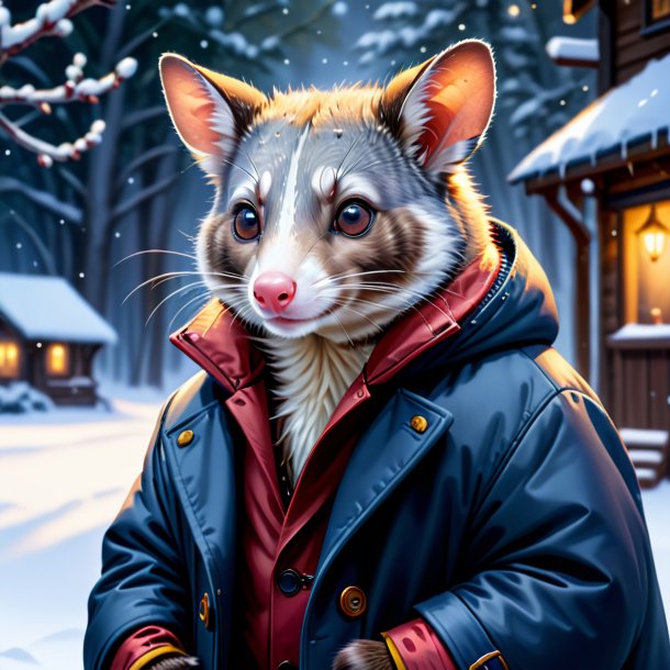 Illustration of a possum in a coat in the snow