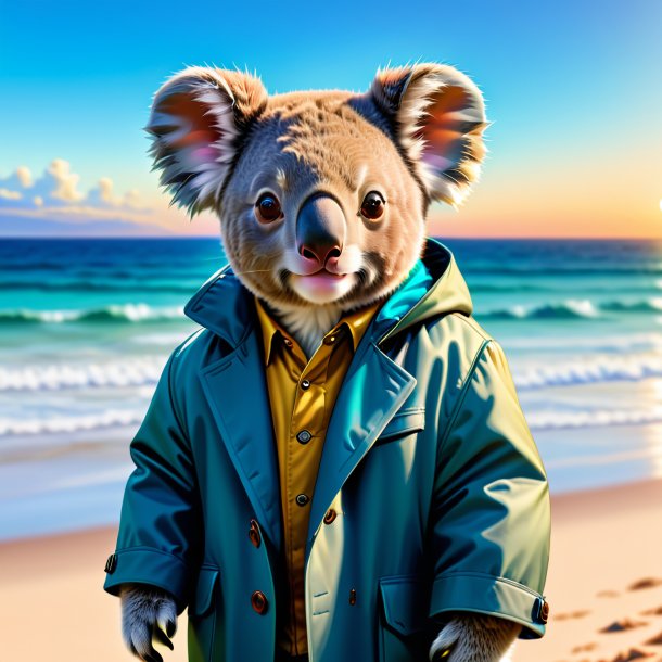 Dessin d'un koala dans un manteau sur la plage