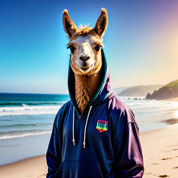 Pic of a llama in a hoodie on the beach