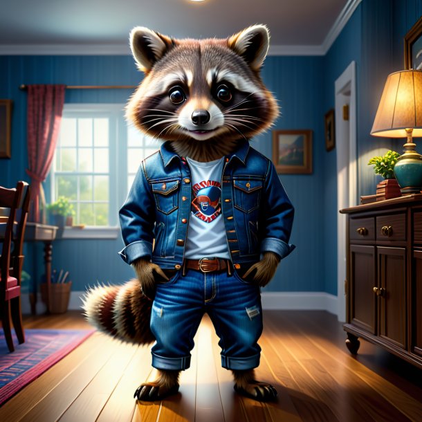 Illustration of a raccoon in a jeans in the house