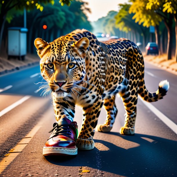 Photo of a leopard in a shoes on the road