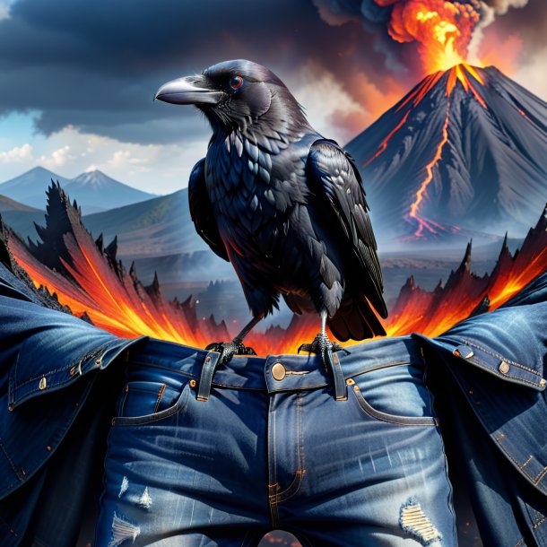 Image of a crow in a jeans in the volcano