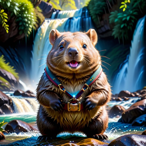 Image of a wombat in a belt in the waterfall