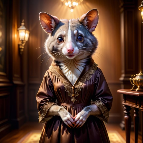 Picture of a possum in a brown dress