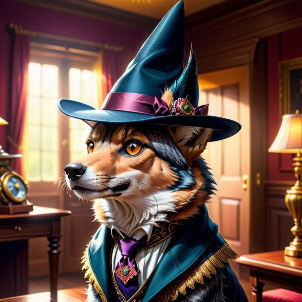 Illustration of a jackal in a hat in the house