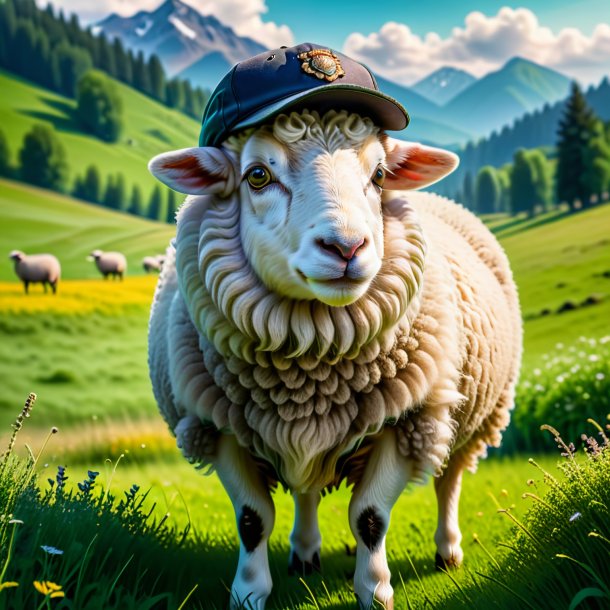 Pic of a sheep in a cap in the meadow