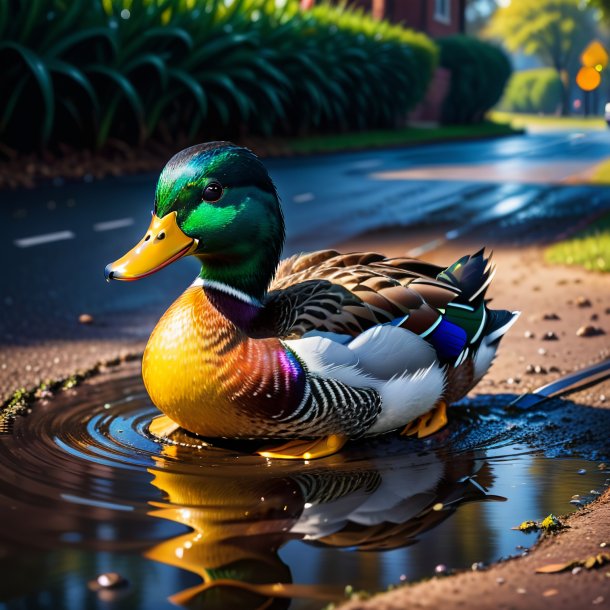 Image of a duck in a belt in the puddle