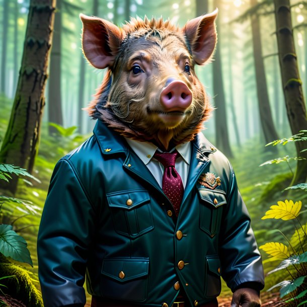 Pic of a boar in a jacket in the forest