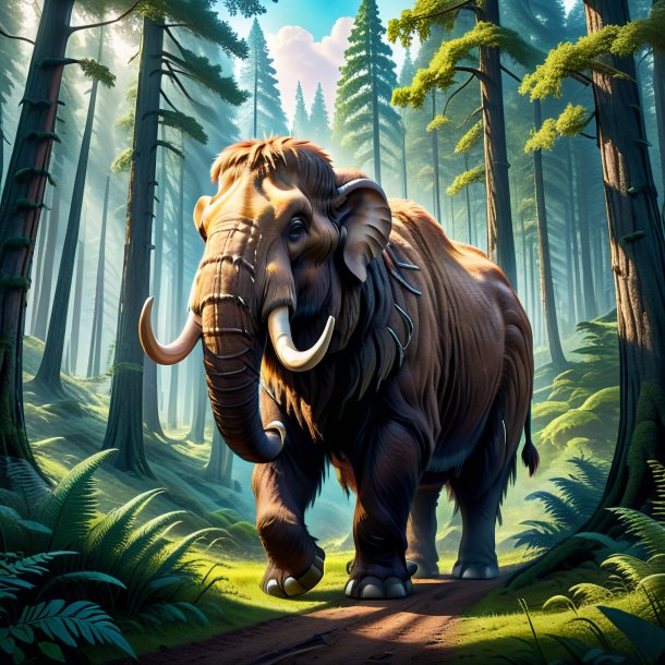 Illustration of a mammoth in a belt in the forest