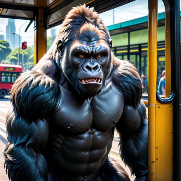 Image of a angry of a gorilla on the bus stop