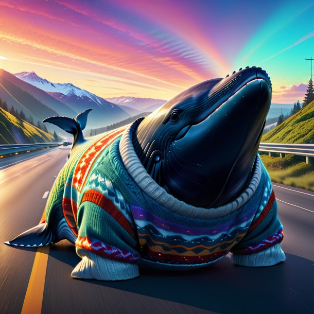 Illustration of a whale in a sweater on the highway