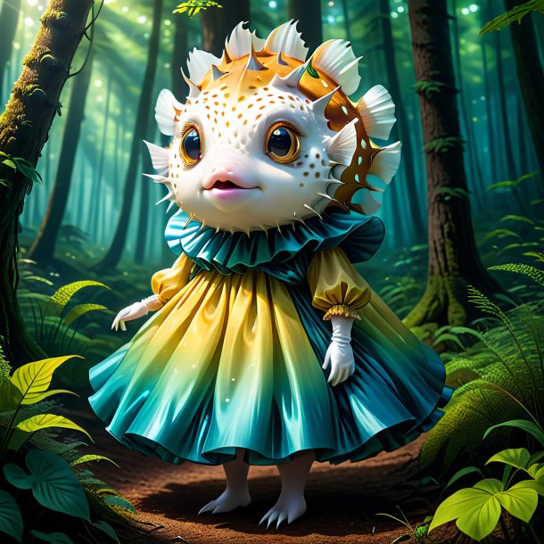 Drawing of a pufferfish in a dress in the forest