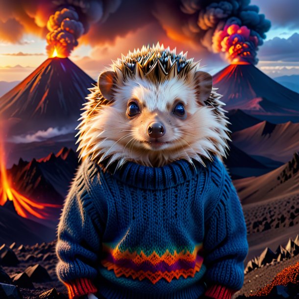 Picture of a hedgehog in a sweater in the volcano