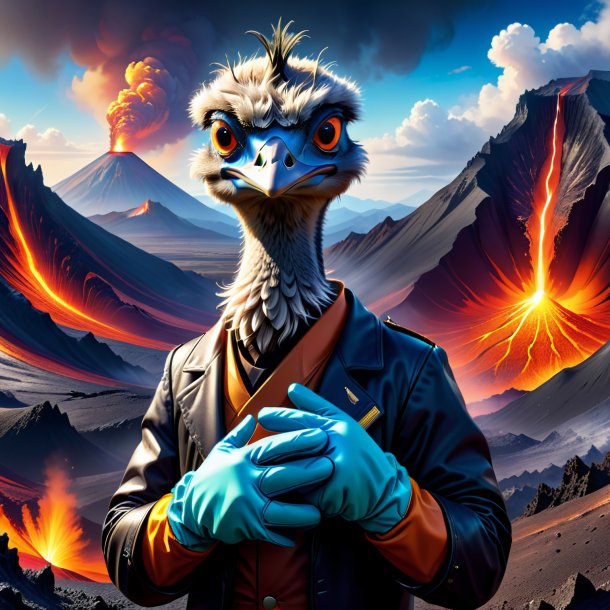 Illustration of a emu in a gloves in the volcano