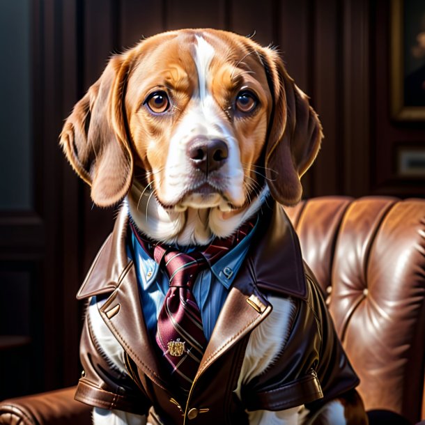 Imagem de um beagle em uma jaqueta marrom