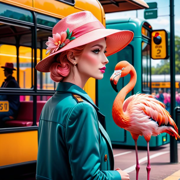 Foto de un flamenco en un sombrero en la parada de autobús