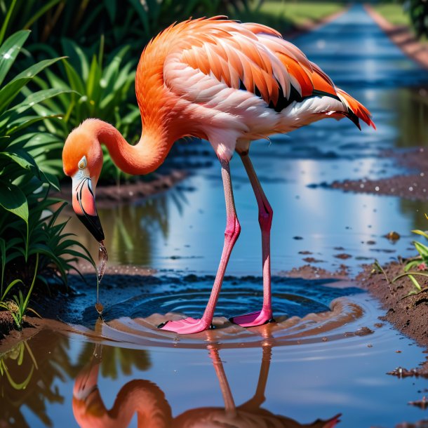 Photo of a smiling of a flamingo in the puddle