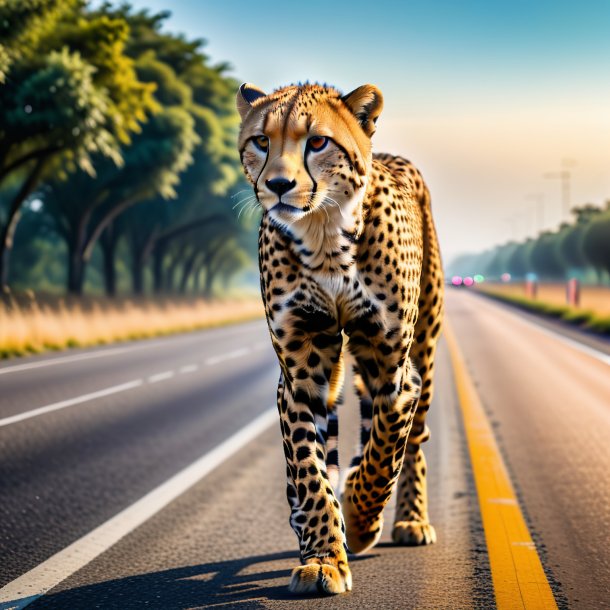 Foto de un guepardo en un pantalón en la carretera