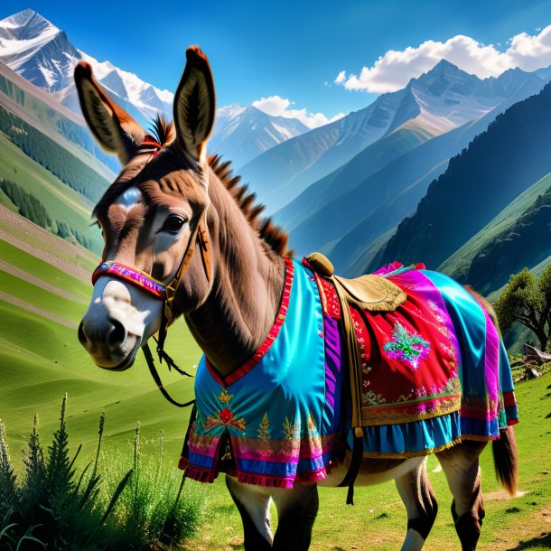 Photo of a donkey in a dress in the mountains