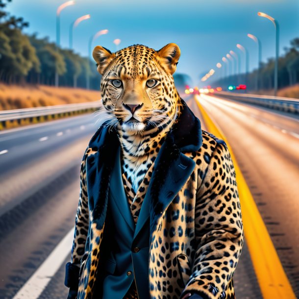 Foto de un leopardo en un abrigo en la carretera