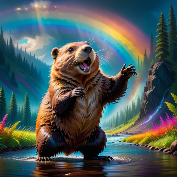 Photo of a dancing of a beaver on the rainbow