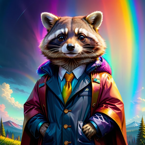 Illustration of a raccoon in a coat on the rainbow