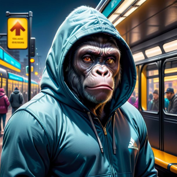 Picture of a gorilla in a hoodie on the bus stop