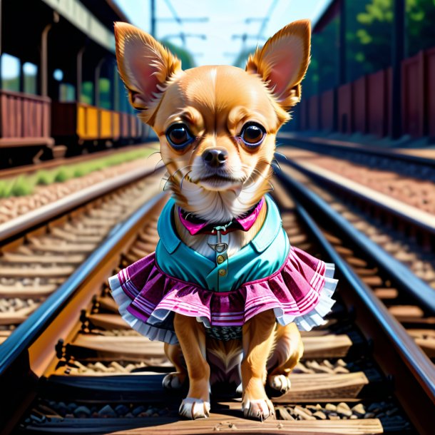 Desenho de um chihuahua em uma saia nos trilhos ferroviários