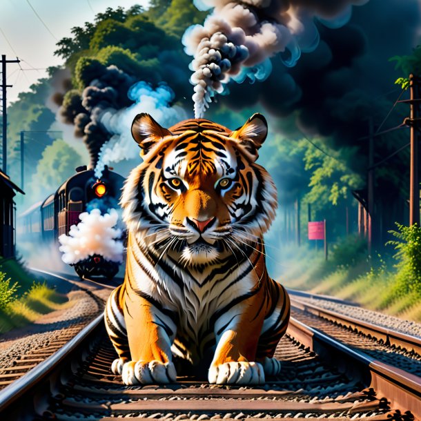 Photo of a smoking of a tiger on the railway tracks