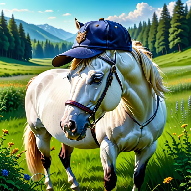 Illustration of a horse in a cap in the meadow