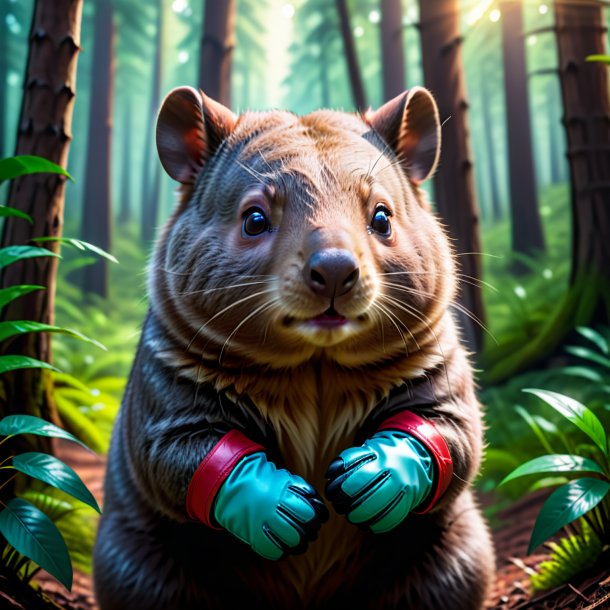 Pic of a wombat in a gloves in the forest