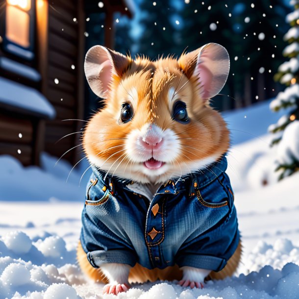 Picture of a hamster in a jeans in the snow