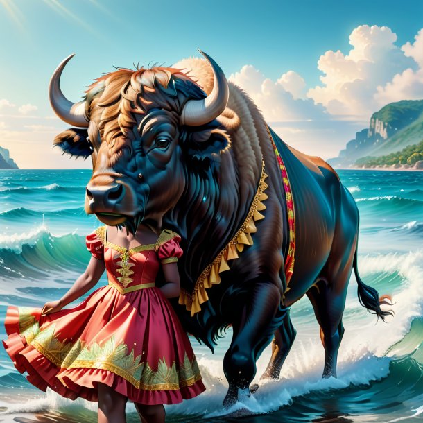 Illustration d'un bison dans une robe dans la mer