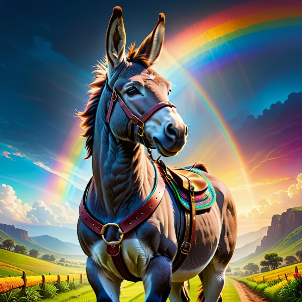 Illustration of a donkey in a belt on the rainbow