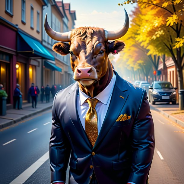 Picture of a bull in a jacket on the road