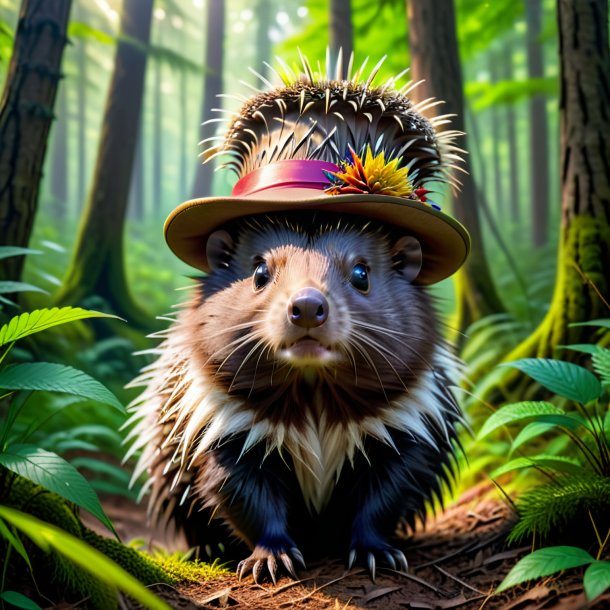 Foto de un puercoespín en un sombrero en el bosque