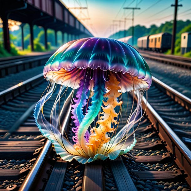 Photo of a jellyfish in a jeans on the railway tracks