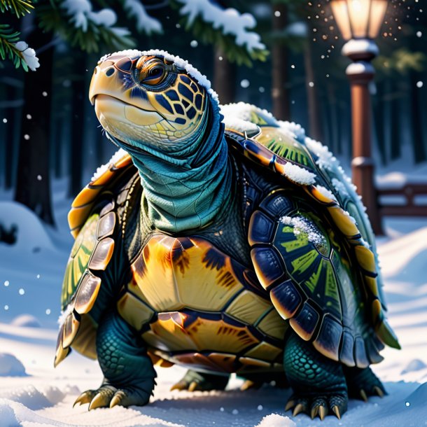 Dessin d'une tortue dans un manteau dans la neige