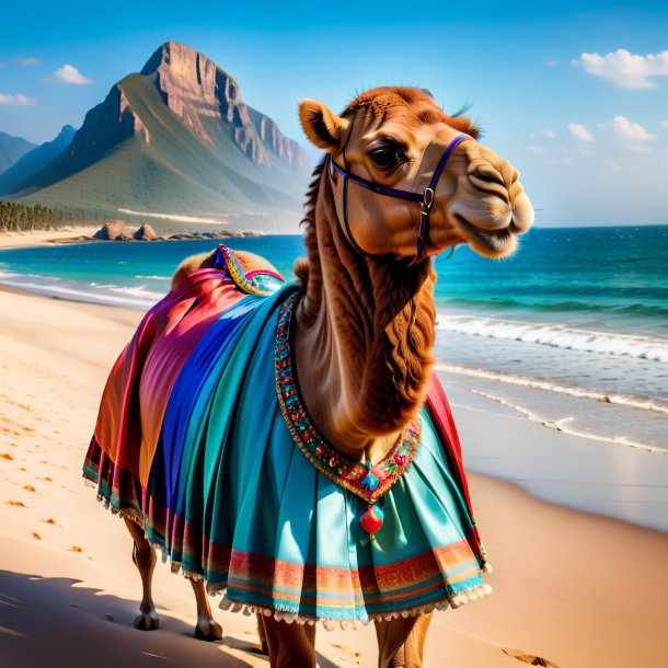 Foto de un camello en una falda en la playa