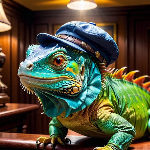 Image of a iguana in a cap in the house