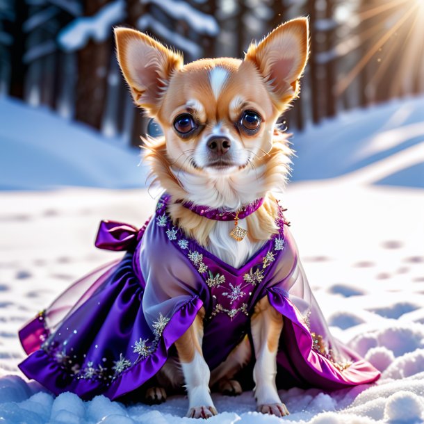 Photo of a chihuahua in a dress in the snow