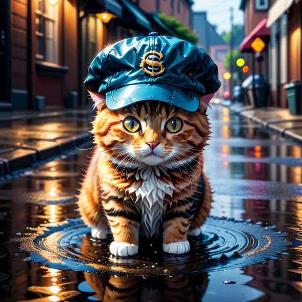 Illustration of a cat in a cap in the puddle