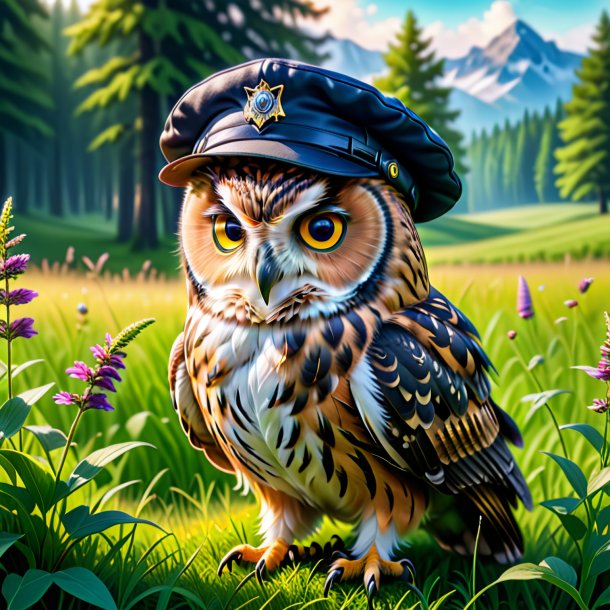 Picture of a owl in a cap in the meadow