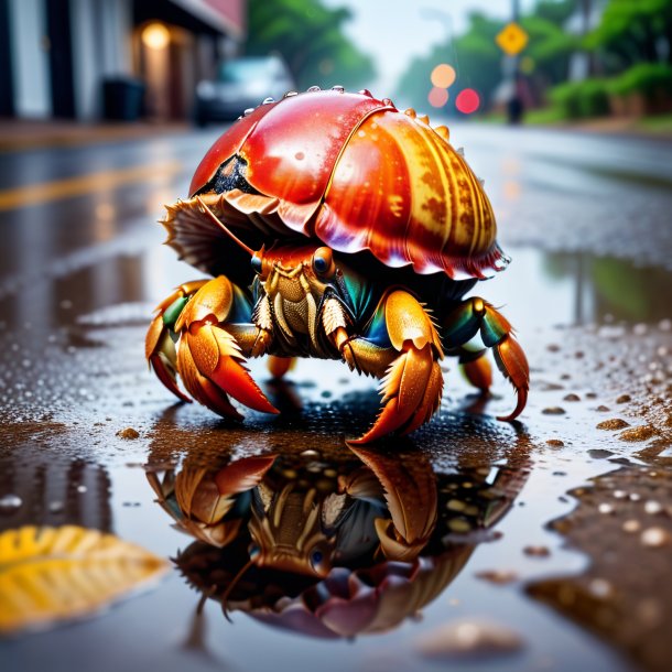 Image of a hermit crab in a shoes in the puddle