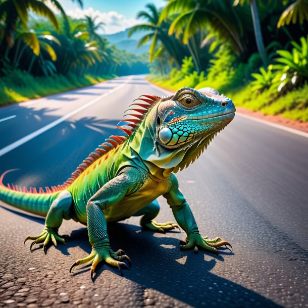 Foto de uma dança de uma iguana na estrada