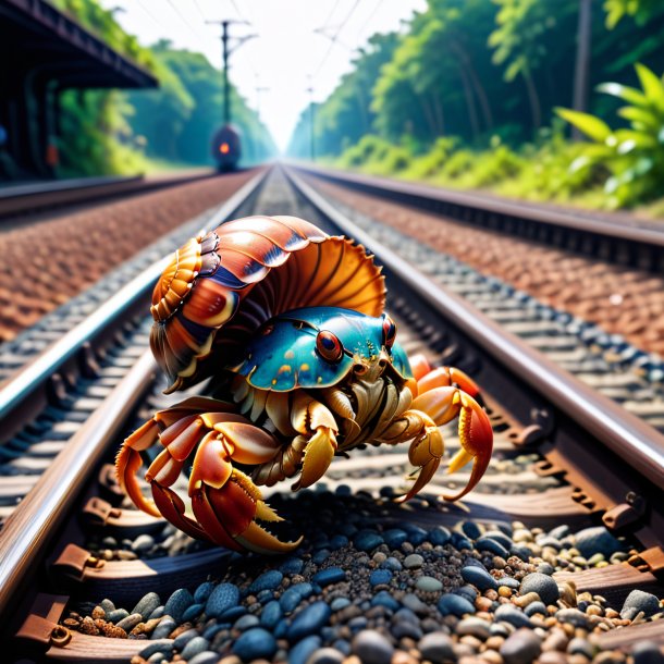 Imagem de uma dança de um caranguejo eremita nos trilhos ferroviários