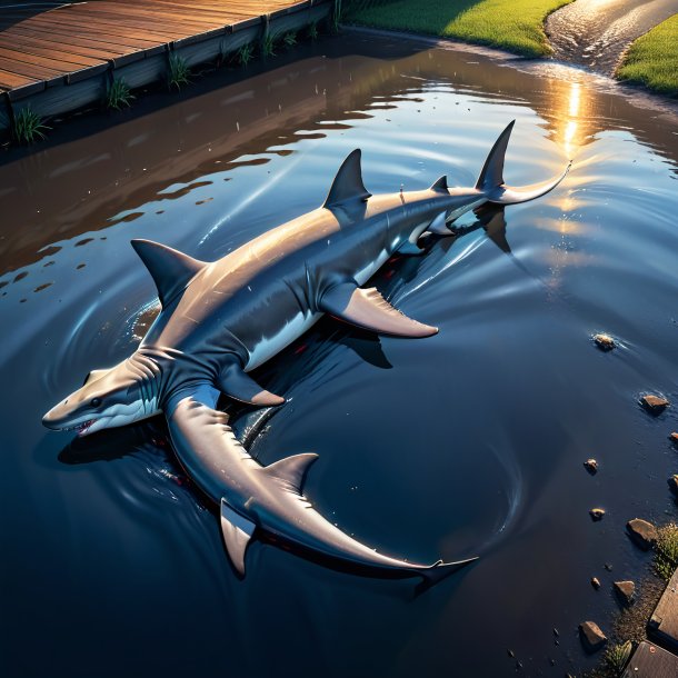 Drawing of a hammerhead shark in a jeans in the puddle